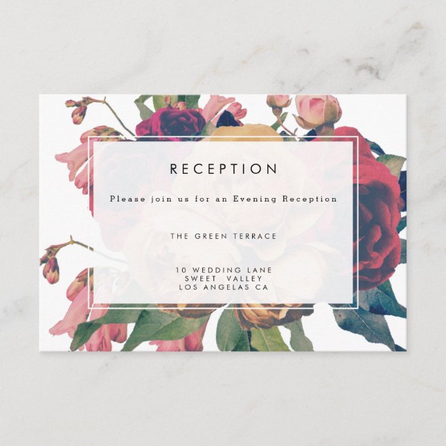 Tarjeta de recepción de bodas botánicas de antigüe (Anverso)