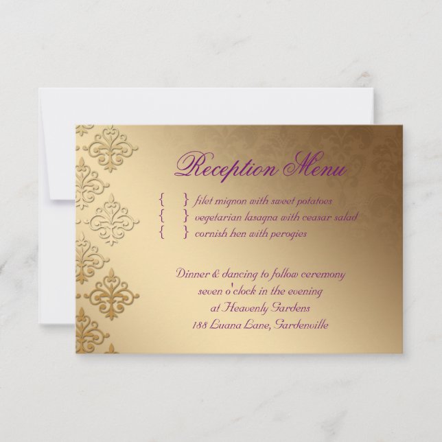 Tarjeta de recepción de bodas Damask indio Purple  (Anverso)