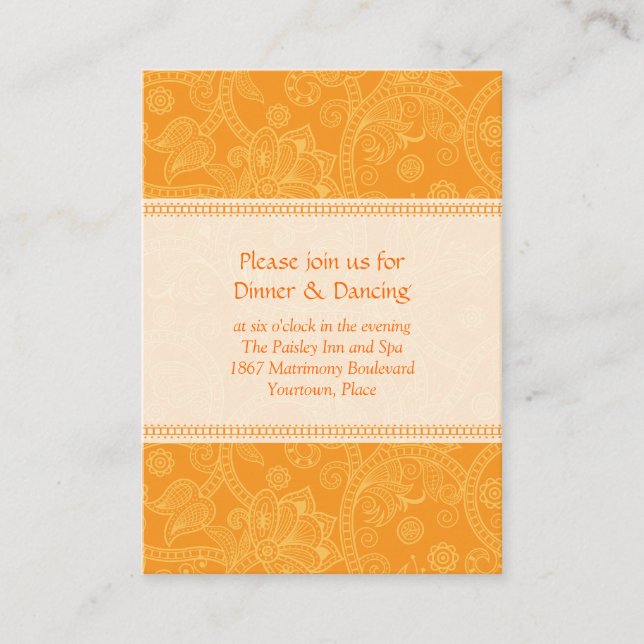 Tarjeta de recepción de bodas de Naranja Paisley (Anverso)