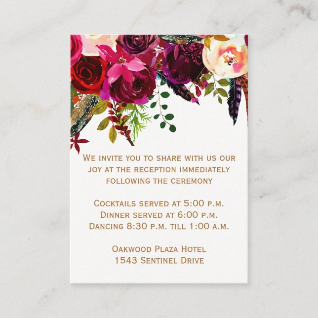 Tarjeta de recepción de bodas - Floral de Borgoña, (Anverso)
