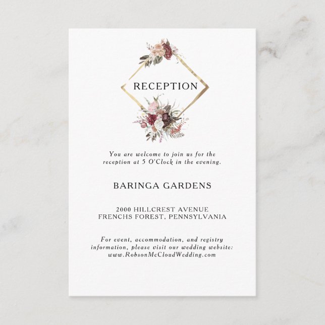 Tarjeta de recepción de bodas florales de Borgoña  (Anverso)