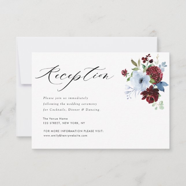 tarjeta de recepción de bodas floridas azul con po (Anverso)