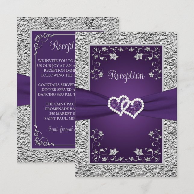 Tarjeta de recepción de bodas moradas y grises de  (Anverso / Reverso)