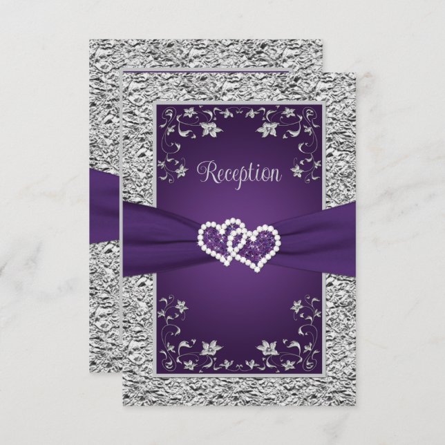Tarjeta de recepción de bodas moradas y grises de  (Anverso / Reverso)