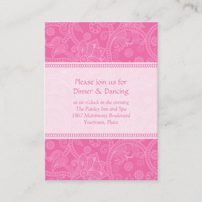 Tarjeta de recepción de bodas Paisley Pink Impress (Anverso)