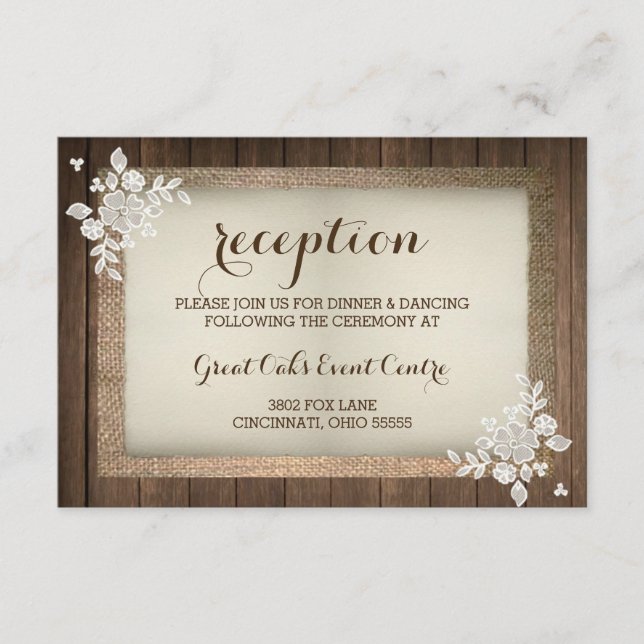 Tarjeta de recepción de bodas rústicas, de madera, (Anverso)
