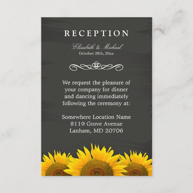 Tarjeta de recepción de bodas Sunflowers Chalkboar (Anverso)
