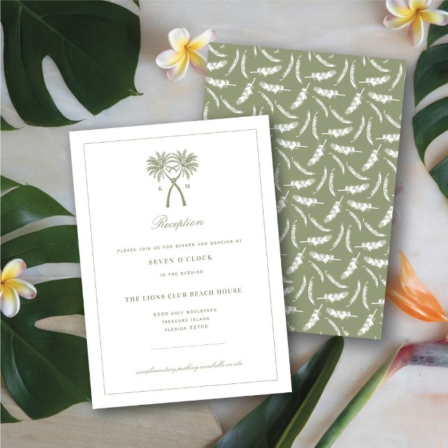Tarjeta de recepción de bodas tropicales de palmer (Knotted Palm Trees Tropical / Destination Wedding Reception Enclosure Card @ fatfatin_blue_knot)
