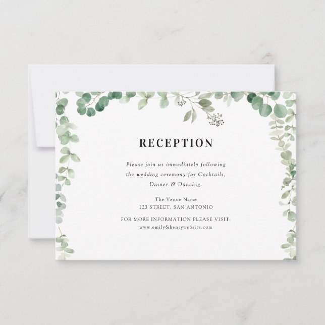tarjeta de recepción de bodas verde eucalipto (Anverso)