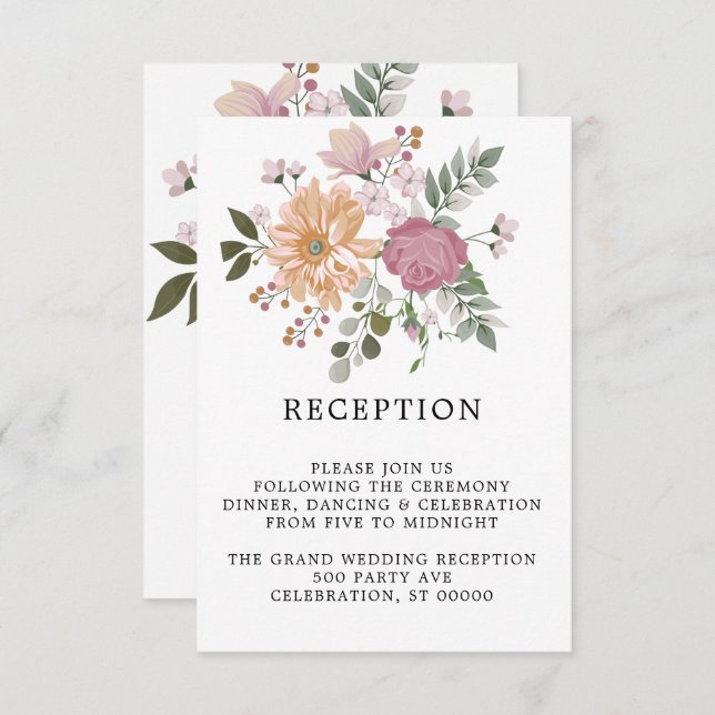 Tarjeta de recepción de bodas verticales con flore (Anverso / Reverso)
