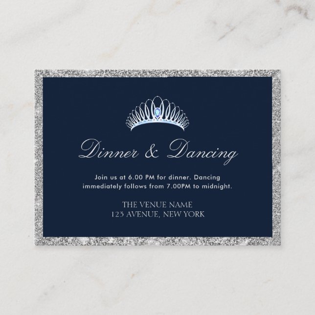 tarjeta de recepción de cena de navy & plata para  (Anverso)
