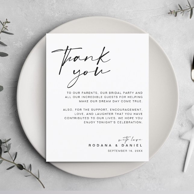 Tarjeta de recepción de escritura moderna Gracias  (Modern Script Thank You Wedding Reception Card)