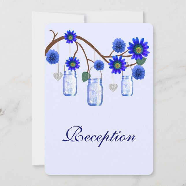 Tarjeta de recepción de flores azules Mason Jars (Anverso)