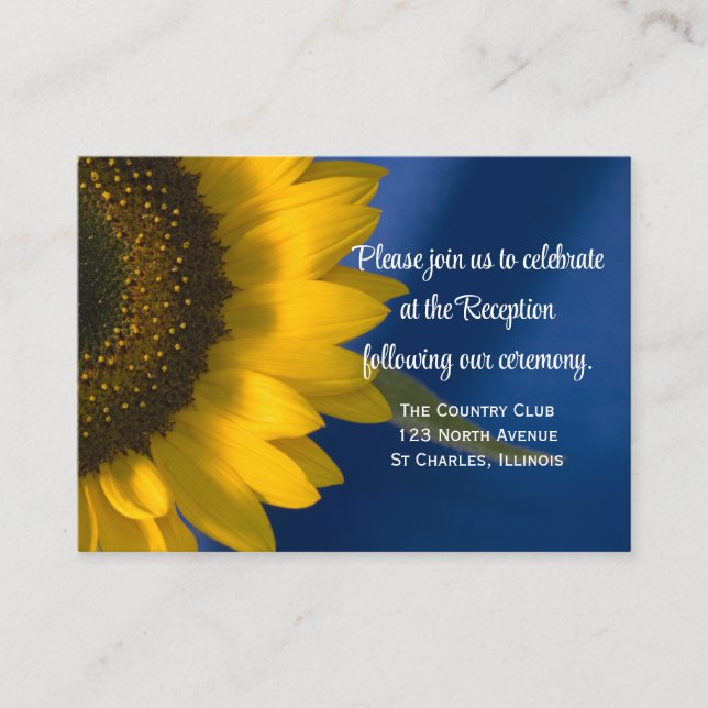 Tarjeta de recepción de girasol en boda azul (Anverso)