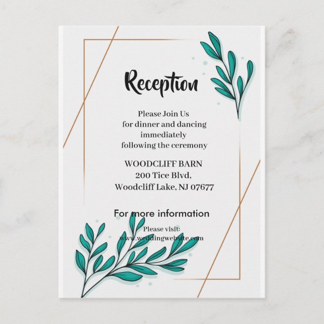 Tarjeta de recepción de hojas florales verdes con  (Anverso)
