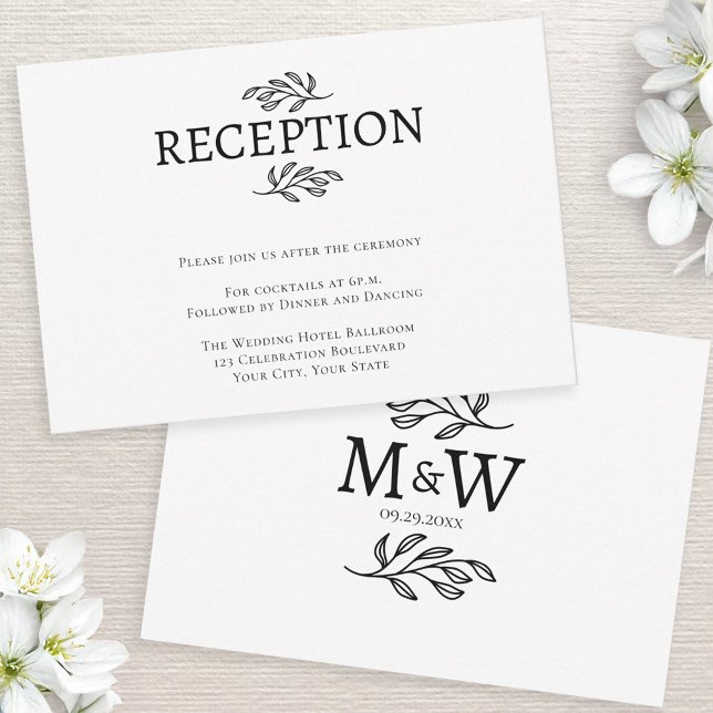 Tarjeta de recepción de Iniciales de Monograma Par (Wedding reception enclosure card with couple monogram initials and botanical leaf line art)