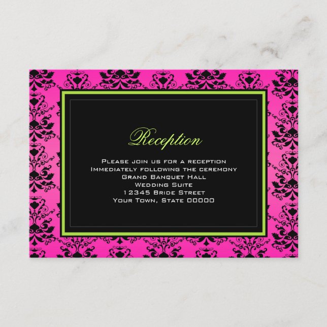 Tarjeta de recepción de la boda verde rosa y negro (Anverso)