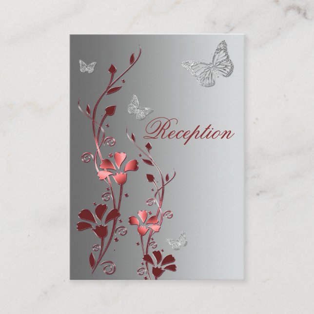 Tarjeta de recepción de mariposas florales rojas y (Anverso)