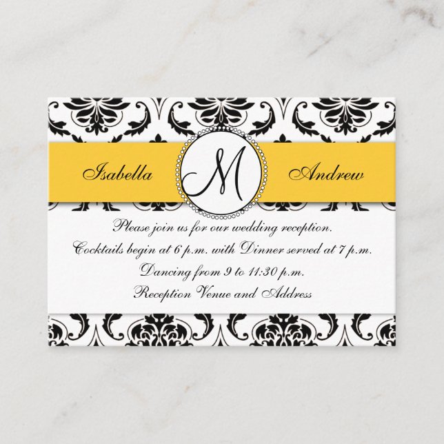 Tarjeta de recepción de matrimonio amarillo Damask (Anverso)