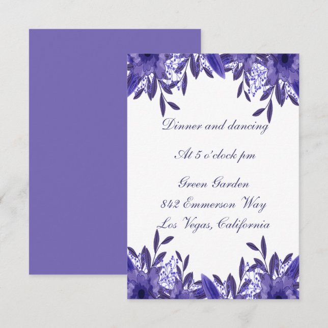 Tarjeta de recepción de matrimonio con floral azul (Anverso / Reverso)