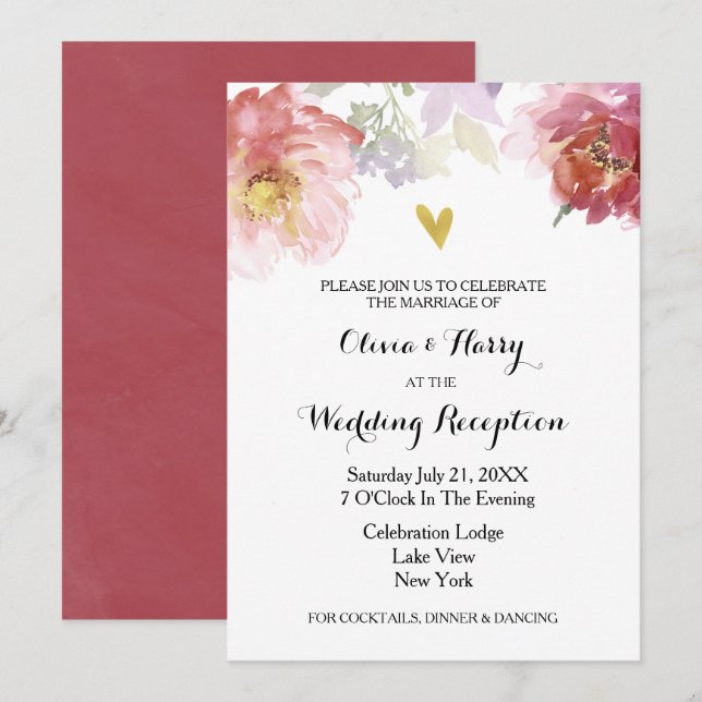 Tarjeta de recepción de matrimonio floral de color (Anverso / Reverso)