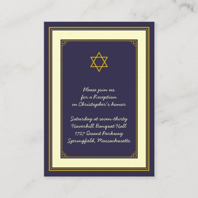 Tarjeta de recepción de Navy & Gold Bar Mitzvah (Anverso)