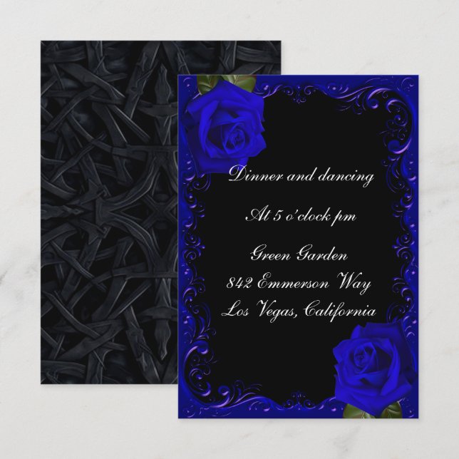 Tarjeta de Recepción de Rosas Azules Goth Elegante (Anverso / Reverso)
