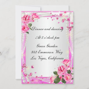 Tarjeta de Recepción de Rosas Rosadas y Perlas