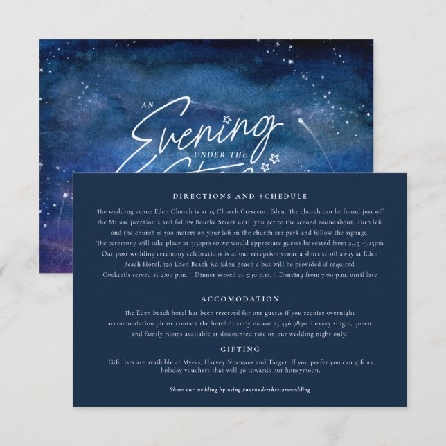 Tarjeta De Recepción Debajo de las estrellas detalles del boda azul púr (Anverso / Reverso)