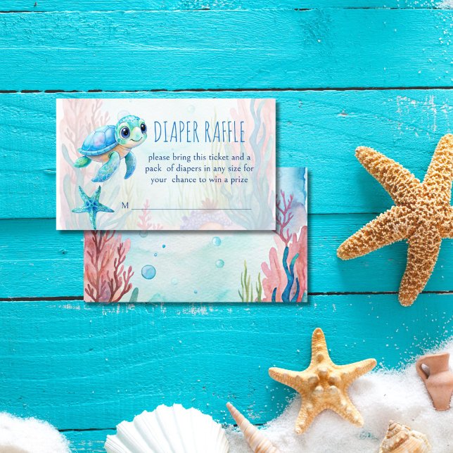 Tarjeta De Recepción Debajo del mar linda tortuga agua diarrea azul (Under the sea cute baby turtle aqua blue boy baby shower diaper raffle enclosure card raffle ticket)