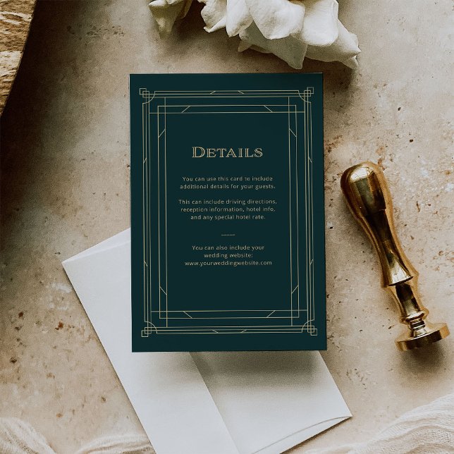 Tarjeta De Recepción Deco moderno | Detalles de invitado de Boda verde  (An elegant, art deco style detail card for all your wedding information, in rich emerald green.)