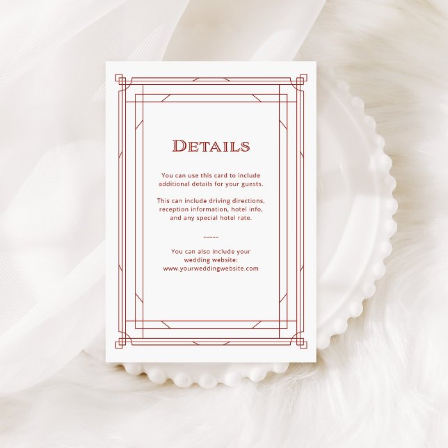 Tarjeta De Recepción Deco moderno | Detalles del invitado de Boda rojo  (An elegant, red and white art deco style guest details card for your holiday wedding)