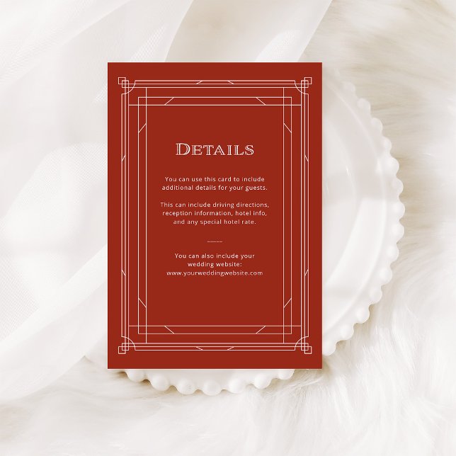 Tarjeta De Recepción Deco moderno | Detalles del invitado del Boda rojo (An elegant, red art deco style guest details card for your holiday wedding.)
