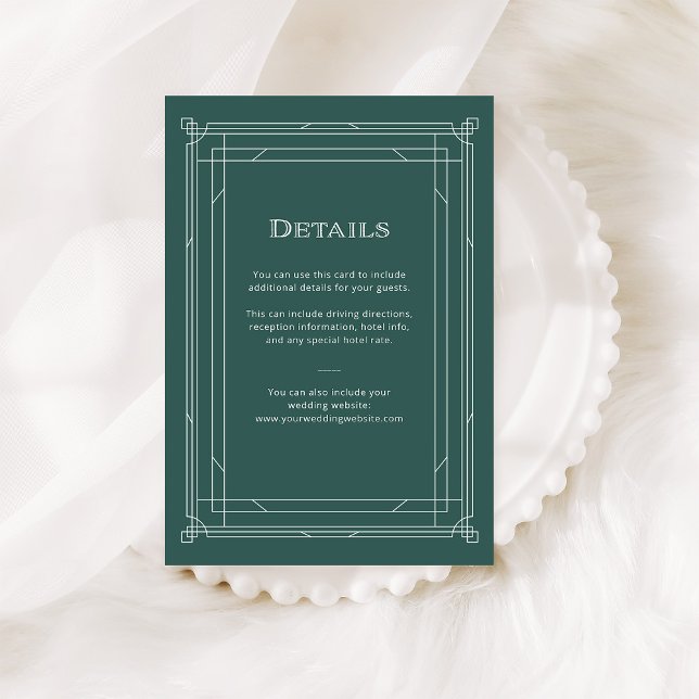 Tarjeta De Recepción Deco moderno | Detalles del invitado del Boda Verd (An elegant, green art deco style guest details card for your holiday wedding)