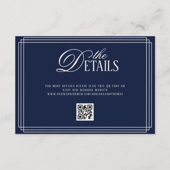 Tarjeta De Recepción Deep Blue Old Money Wedding Details  (Anverso)