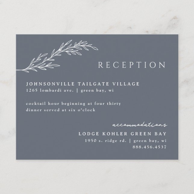 Tarjeta De Recepción Deep Steel Blue Modern Stenciled Botanics Details (Anverso)