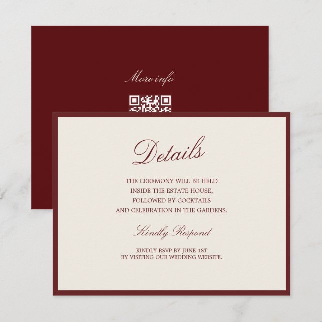 Tarjeta De Recepción Deep Wine Old Money QR Wedding Details Card (Anverso / Reverso)
