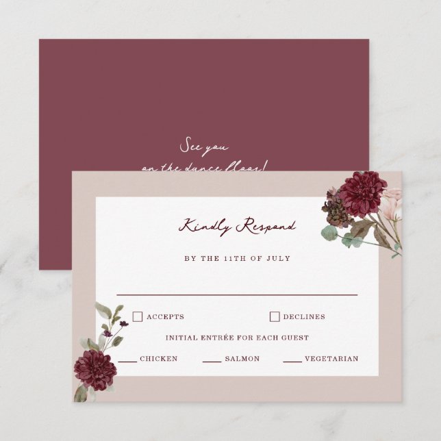 Tarjeta De Recepción Deep Wine Old Money Wedding RSVP Card (Anverso / Reverso)