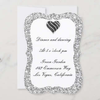 Tarjeta de recepción del corazón negro Purpurina p
