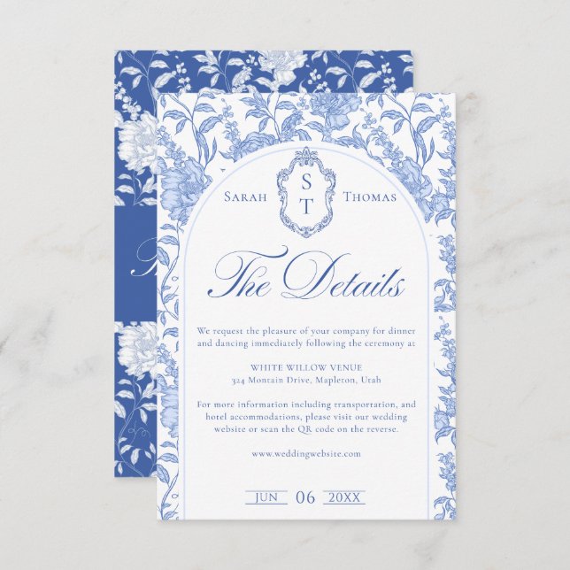 Tarjeta De Recepción Delft Blue Floral Chinoiserie Monogram Wedding (Anverso / Reverso)