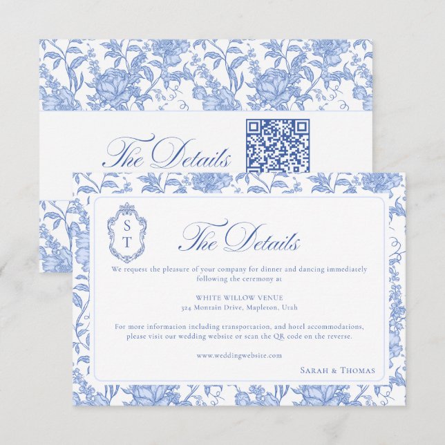 Tarjeta De Recepción Delft Blue Floral Chinoiserie Monogram Wedding (Anverso / Reverso)