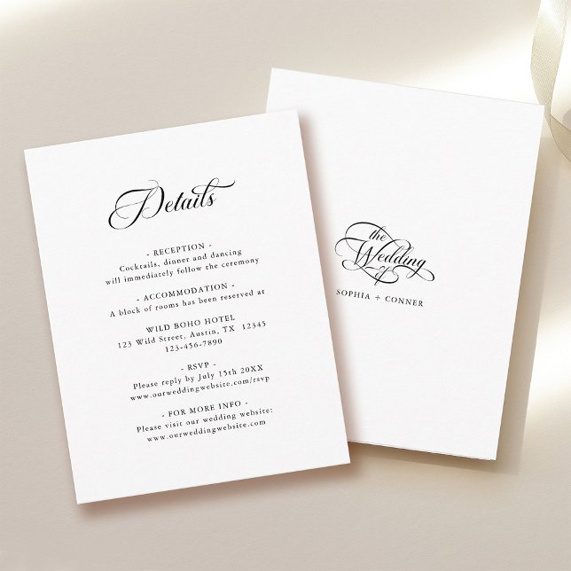 Tarjeta De Recepción Delicada elegante boda detalles en blanco y negro (Front & Back)