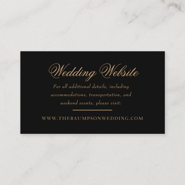 Tarjeta De Recepción Delicada página web de Boda de guiones en negro y  (Anverso)