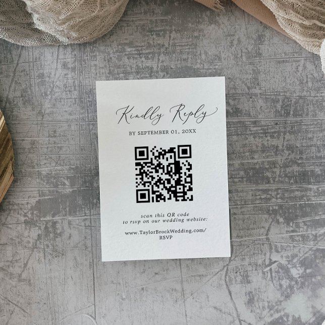 Tarjeta De Recepción Delicado código QR de RSVP con caligrafía negra (Subido por el creador)