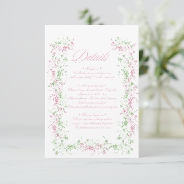 Tarjeta De Recepción Delicado Cresta de Flora Francesa Boda (Anverso de pie)