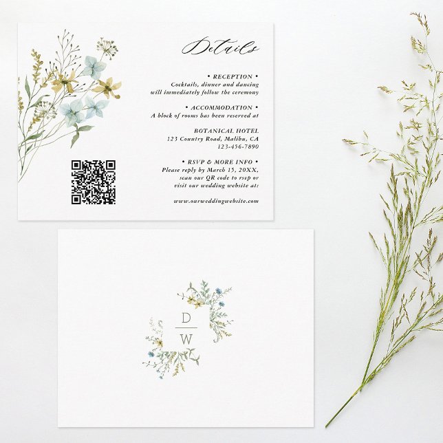 Tarjeta De Recepción Delicados detalles del Boda de Boho moderno con fl (Front & Back)