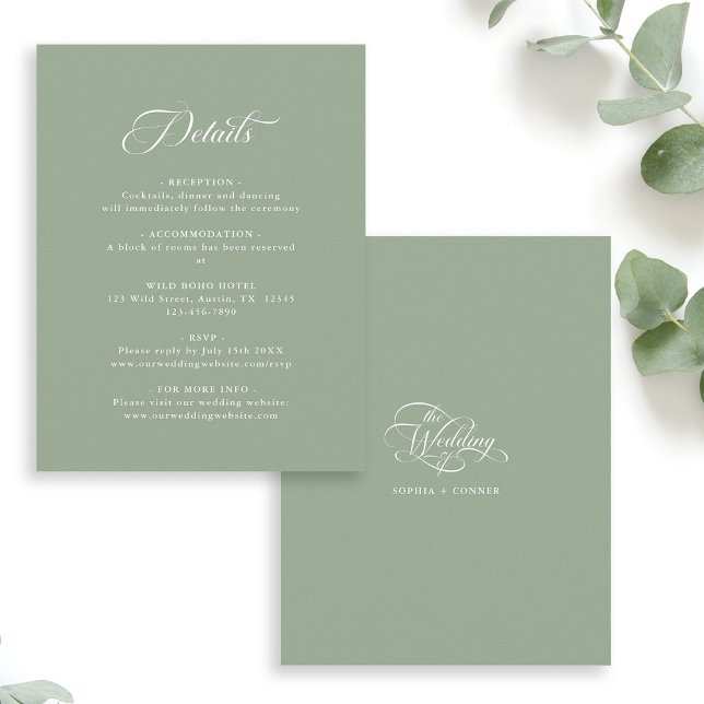 Tarjeta De Recepción Delicados detalles elegantes de la boda verde sabi (Front & Back)
