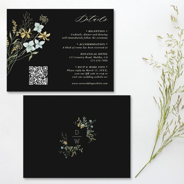 Tarjeta De Recepción Delicados detalles en negro del Boho de Flor Silve (Front & Back)