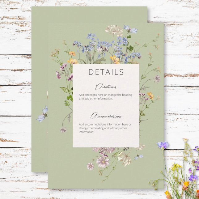 Tarjeta De Recepción Delicados detalles verdes del Boho Wildflowers (Delicate Boho Wildflowers Green Details Enclosure Card)