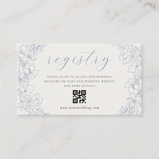 Tarjeta De Recepción Delicate Blue Floral Wedding Gift Registry QR code (Anverso)